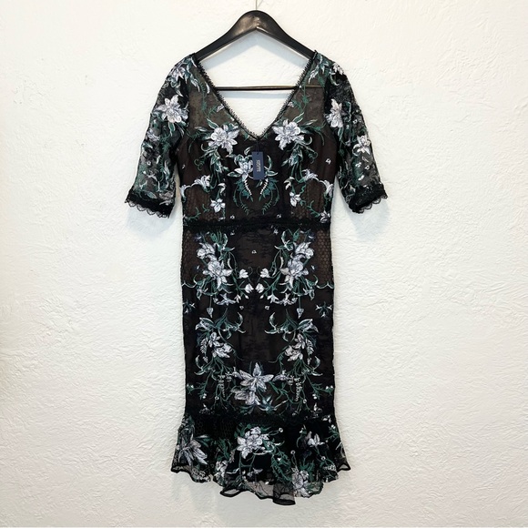 Marchesa Notte Black Floral Lace Embroidered Midi Dress 8 - Picture 6 of 13